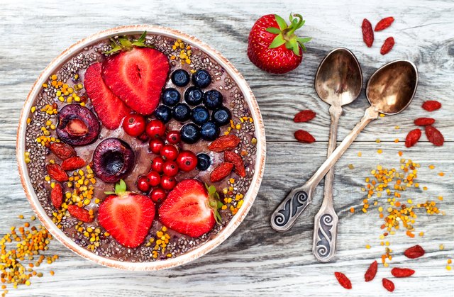 Acai breakfast superfoods smoothies bowl with chia seeds, pollen, goji